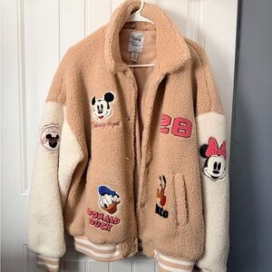 Disney Beige & Cream Sherpa Jacket with Mickey, Minnie and Donald Patches